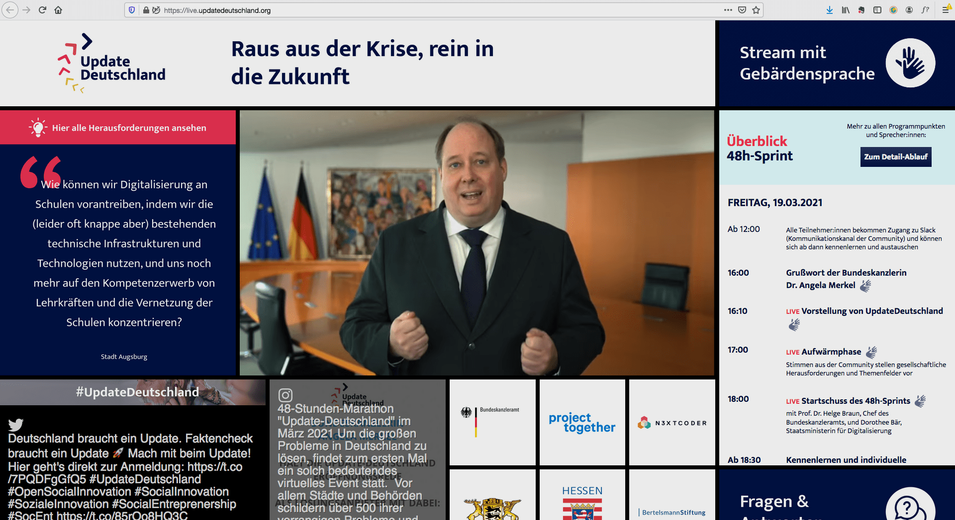 Screenshot der Startseite des Hackathons, mit einem Programmüberblick, der Live-Übertragung der/s Redner/in, Live-Tweets, die Einblendung der Herausforderungen und die Logos aller beteiligten Länder, Organisationen und Unternehmen.