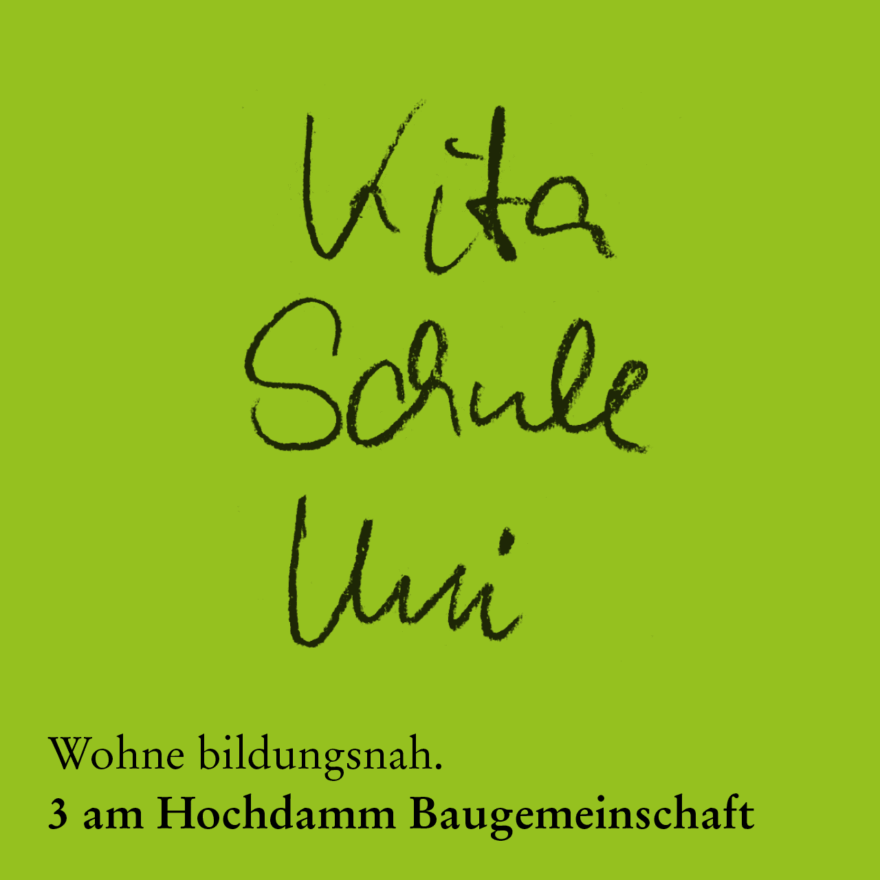 Eine Serie aus „Wortgemeinschaften“ für die Baugemeinschaft „3 am Hochdamm“ kommuniziert die Infrastruktur vor Ort.