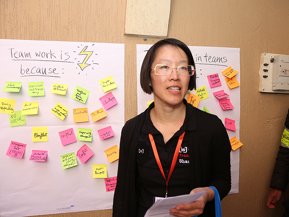 Shau Chung Shin steht vor zwei Flipcharts voll mit Post-its mit Beiträgen von den Teilnehmern