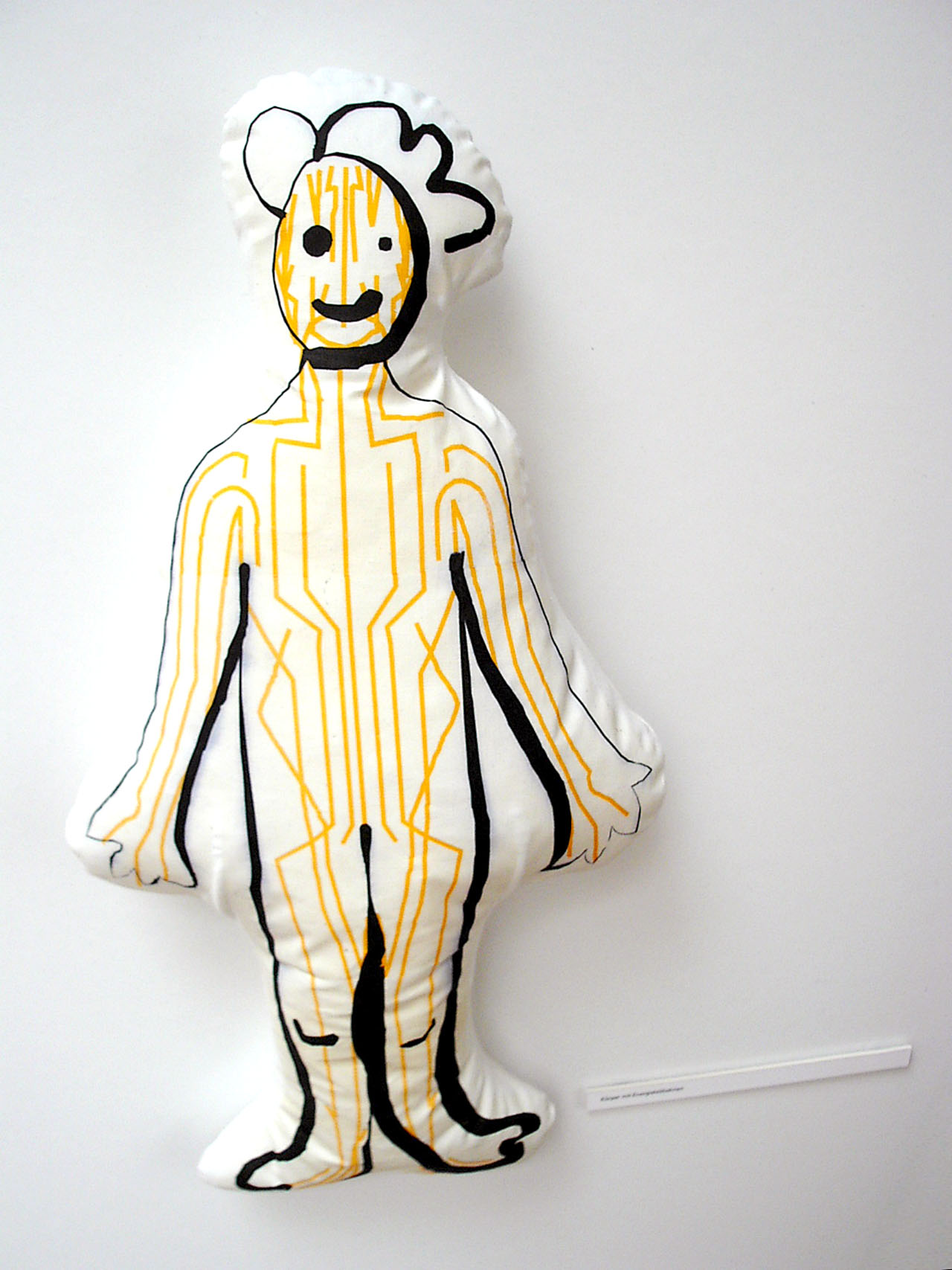 Begleitpräsentation zum Erklärfilm „Praxis Wang“. Puppe mit Meridian-System, den „Energiebahnen“ des menschlichen Körpers – mit Nadeln zum Selbstausprobieren.