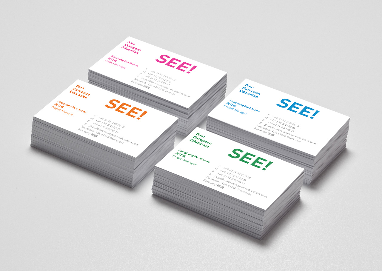 Visitenkarten in den vier Hausfarben für SEE! Sino European Education kommunizieren bunte Vielfalt