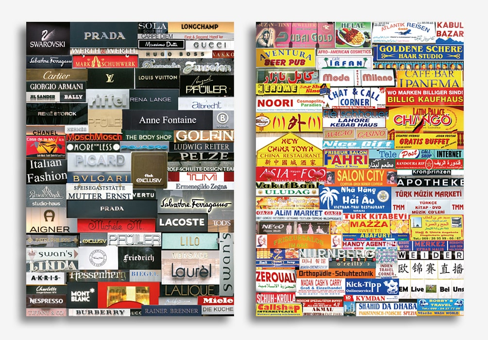 Zwei Collagen aus Laden- und Restaurant-Werbeschildern der Frankfurter Goethestraße und Münchener Straße.