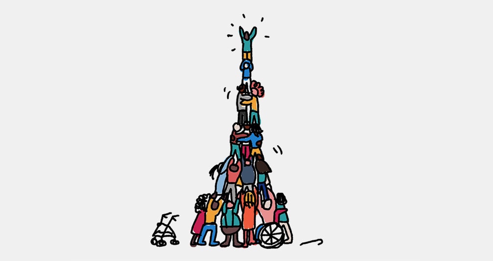 Eine symbolhafte Illustration eines Castells, eine katalanische Tradition, bei der Menschen zusammen einen Turm bilden.
