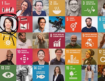 Eine schachbrettförmige Collage aus farbigen Portraits und den bunten Logos der Globalen Nachhaltigkeitsziele
