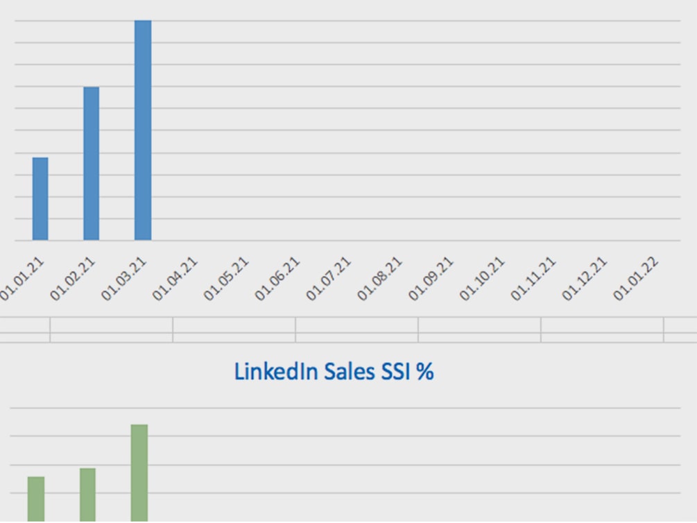 Ein Screenshot der Excel-Tabelle zeigt zwei Balkendiagramme, die seit Januar nach oben gehen