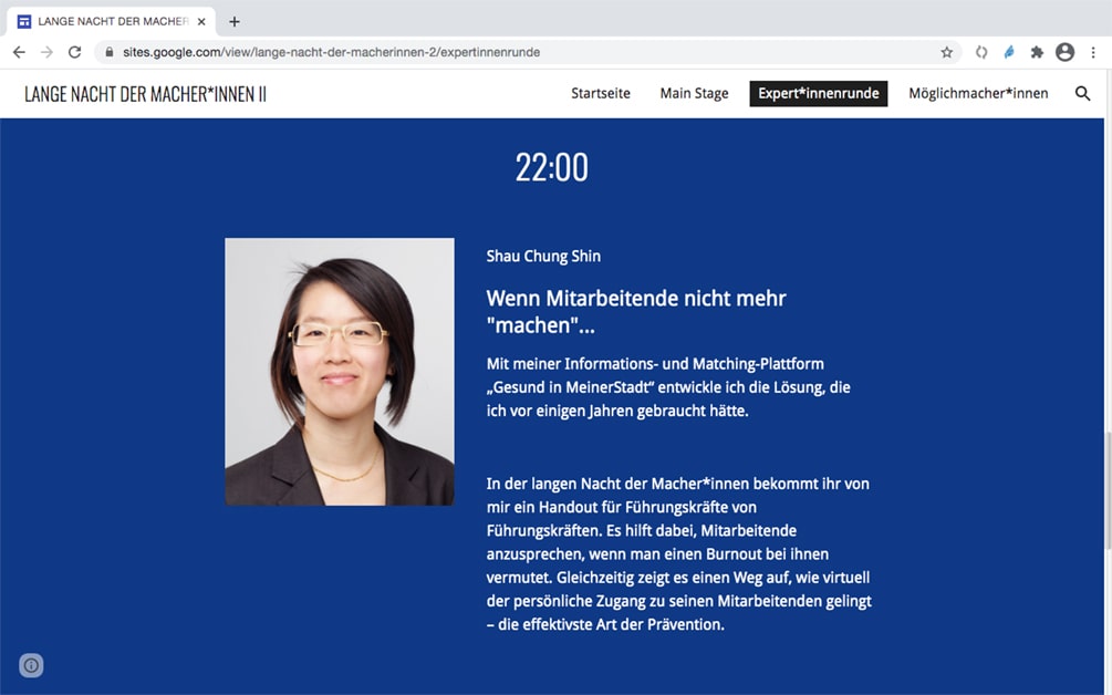 Ein Screenshot der Webseite der langen Nacht der Macherinnen mit der Ankündigung meines Beitrags