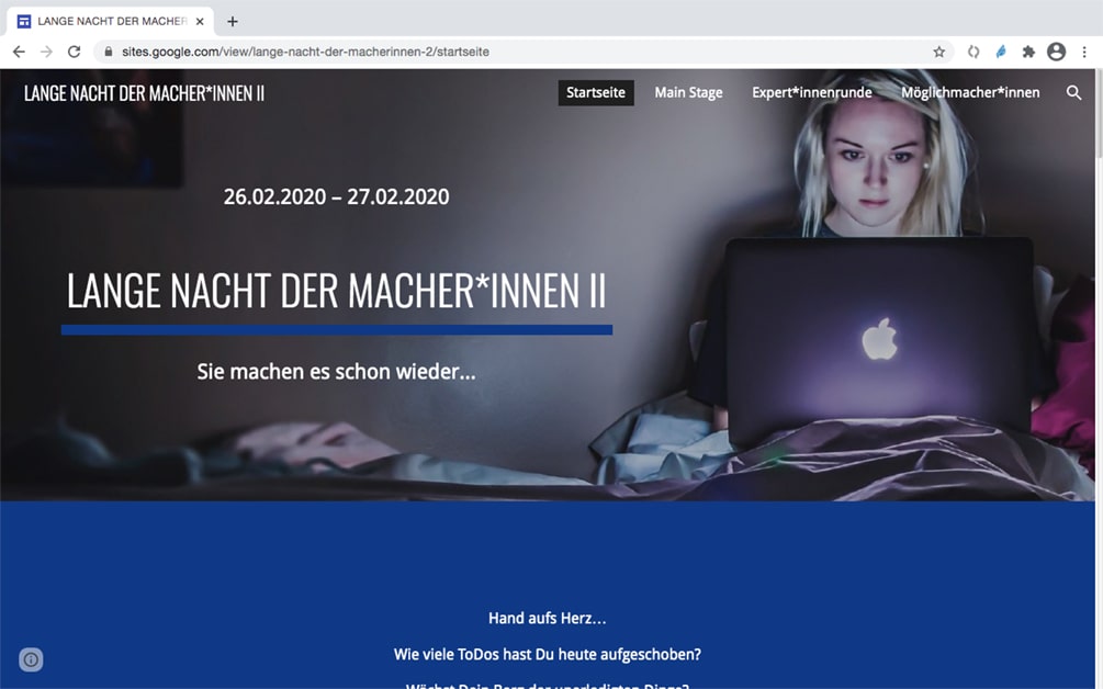 Ein Screenshot der Startseite der langen Nacht der Macherinnen